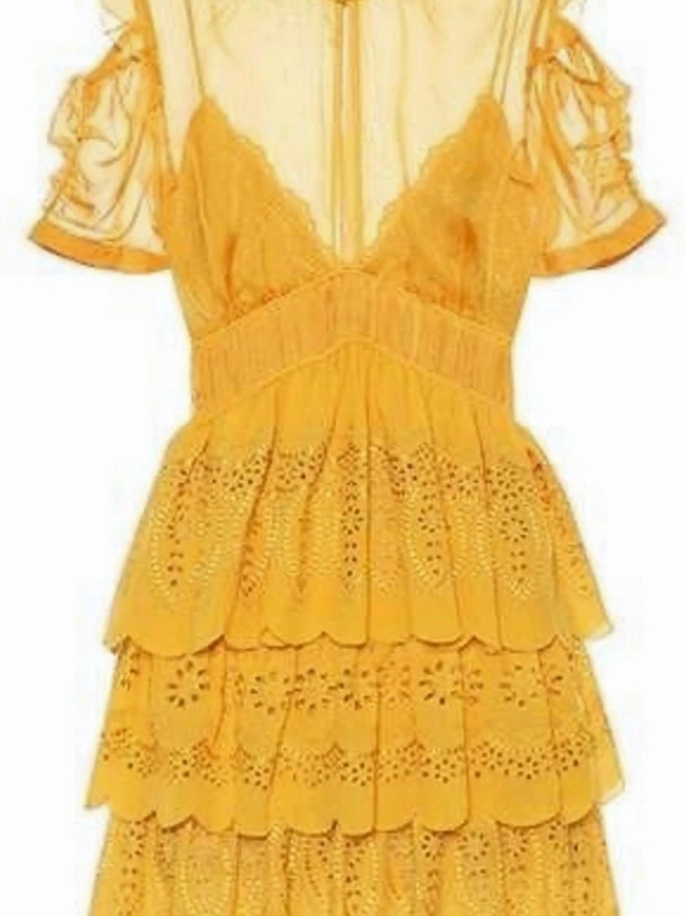 Self-portrait Embroidered Chiffon Tiered Mini Dress Yellow Lace Eyelet Detail